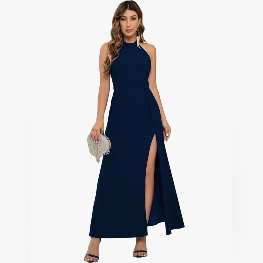 NWT Navy Blue Halter Neck Split Sleeveless Cocktail Long Dress Sz XL
